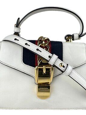 GUCCI Sylvie Handbag Shoulder Bag White/Navy/Red/Gold Leather/Meta
